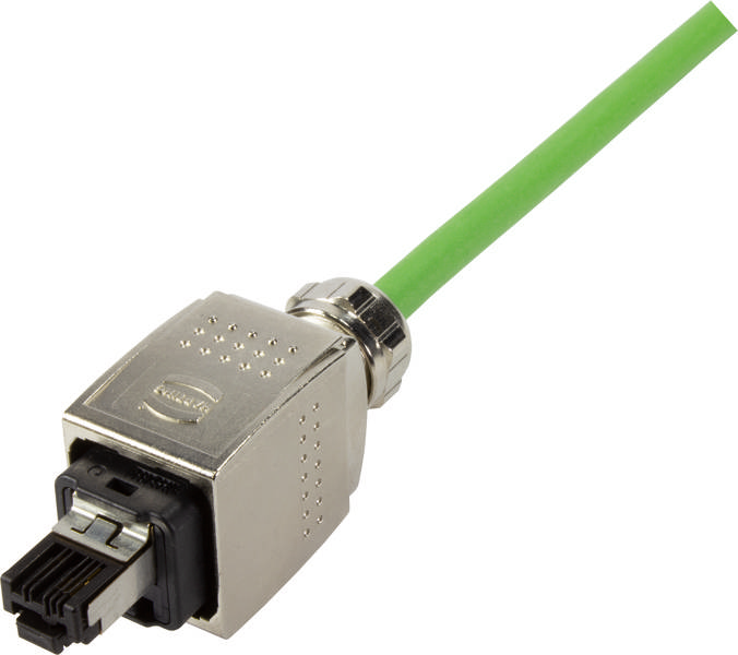Egy zöld Ethernet-kábel fémcsatlakozókkal ipari hálózatokhoz.