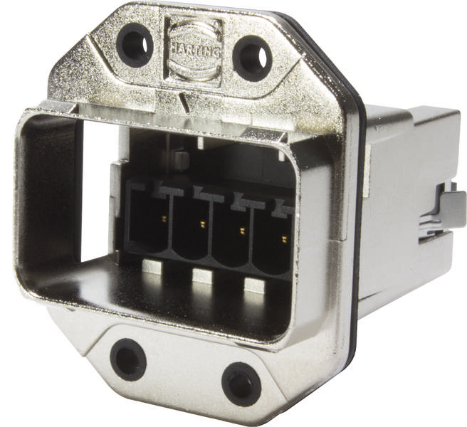 Egy négyszögletes fémcsatlakozó négy csatlakozási ponttal és csavarfuratokkal, amelyet elektromos kötések létrehozásához használnak.