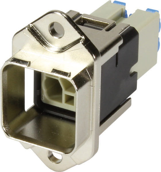 Fém adapter LWL-csatlakozásokhoz egy LC-duplex foglalattal az optikai adatátvitelhez, fém házban és csavaros rögzítéssel.