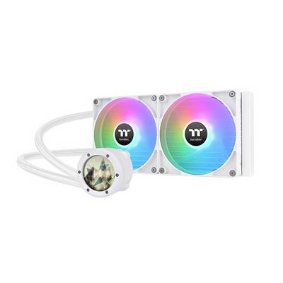 Fehér PC-vízhűtés két szivárvány színekben világító ventilátorral, amelyet csövek kötnek egy kerek szivattyúhoz.