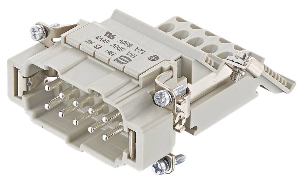 Szürke elektromos csatlakozó több fémcsatlakozóval és csavaros csatlakozókkal, ipari alkalmazásokhoz tervezve.