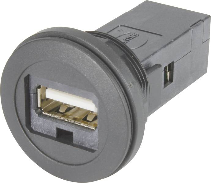 Fekete USB-töltőcsatlakozó téglalap alakú nyílással és két belső fémkapoccsal, eszközök áramellátására alkalmas.