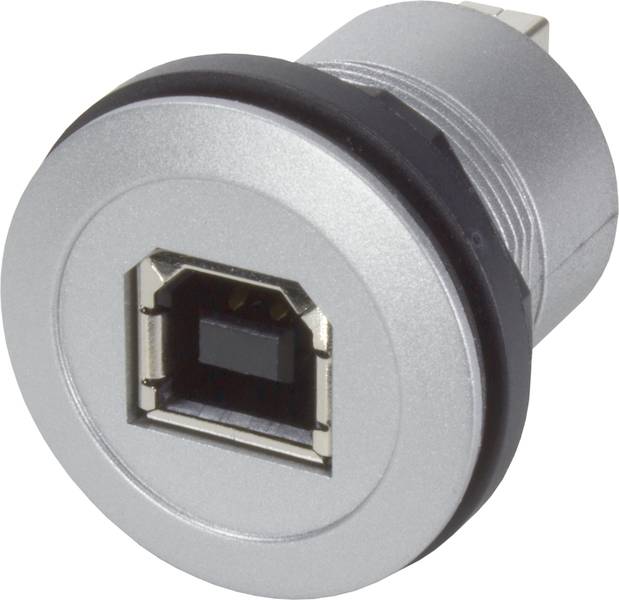 Kerek ezüstös USB-csatlakozó alkatrész, négyzet alakú foglalattal a közepén; elektronikus eszközökhöz és kábelkapcsolatokhoz alkalmas.