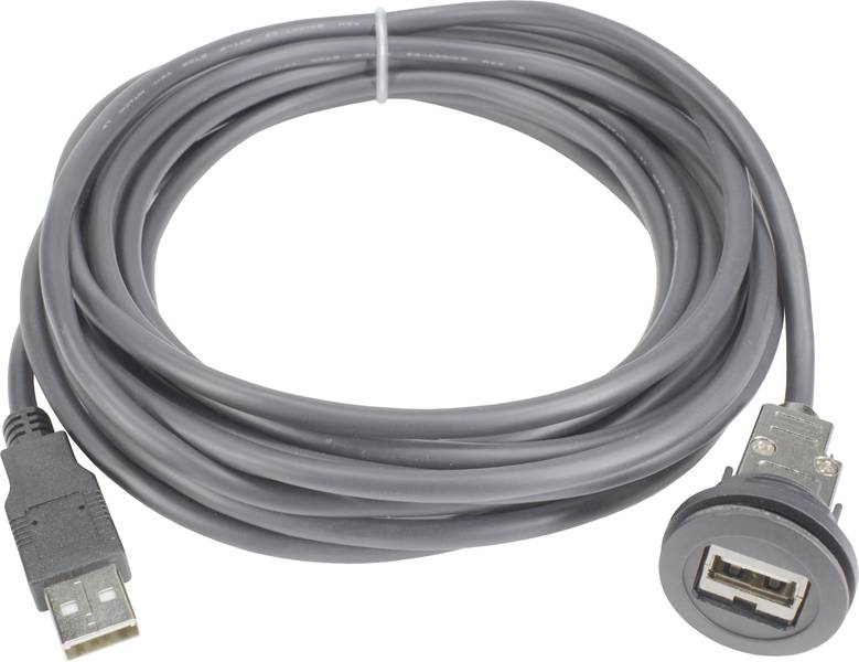 Szürke USB hosszabbító kábel csatlakozóval és aljzattal, fehér háttéren feltekerve.