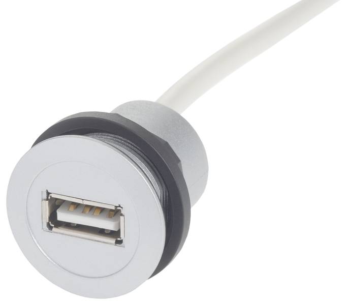 USB-csatlakozó kerek, ezüstös házban, csatlakoztatott fehér kábellel.