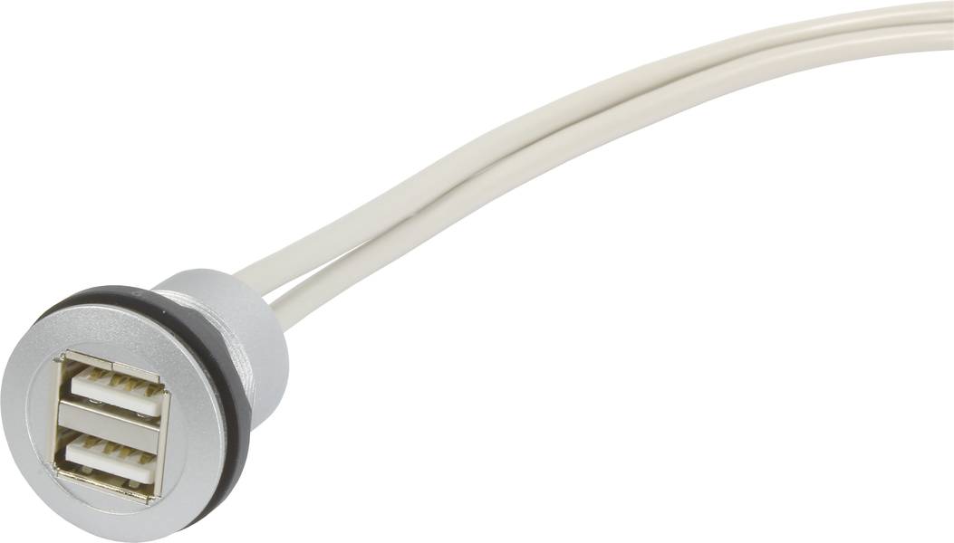 Egy dupla USB-csatlakozó kábellel, valószínűleg házba vagy eszközbe történő beépítésre. Ezüstszínű fekete szegéllyel.