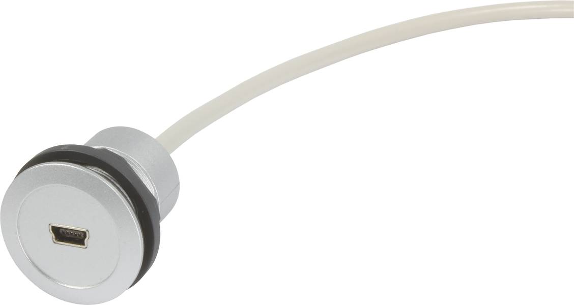 Egy ezüstszínű nyomógomb beépített micro-USB csatlakozóval és fehér kábellel, elektromos vezérlésekhez használva.