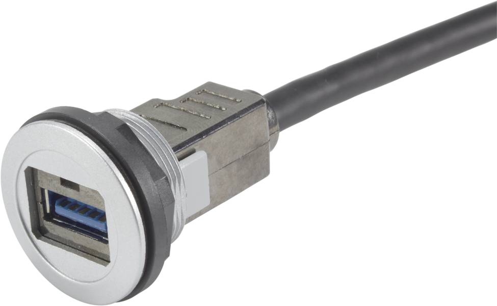 Egy USB 3.0 beépíthető csatlakozó közeli felvétele, kábelekkel, fém házzal és műanyag burkolattal, adatátviteli és töltési funkciókhoz.