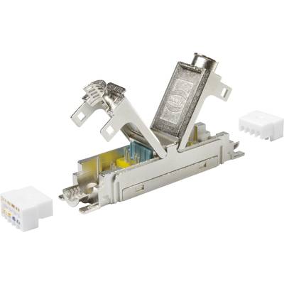 A képen egy RJ45 hálózati csatlakozó háza látható, árnyékolt fémborítással, nyitott állapotban, hogy bemutassa a belső szerkezetét.