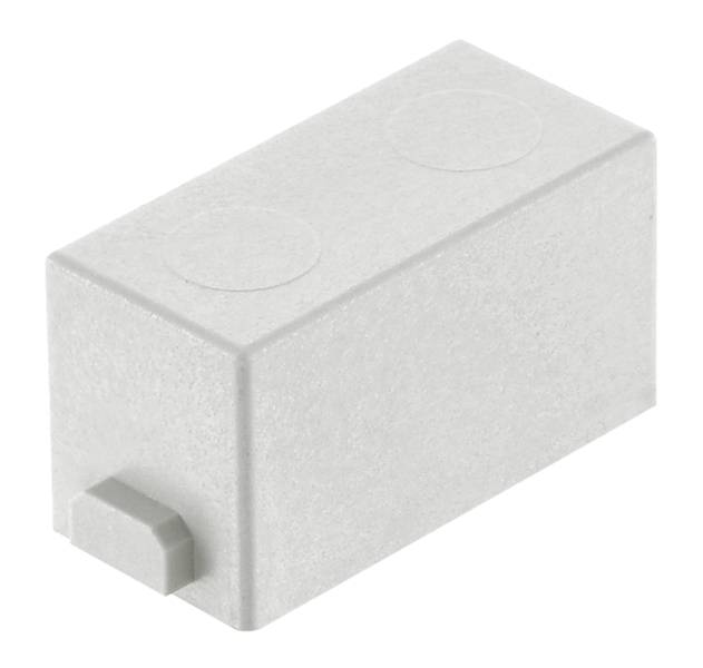 Egy fehér, téglalap alakú LEGO-elem két dudorral a felső oldalán és egy rögzítővel az elülső oldalán.