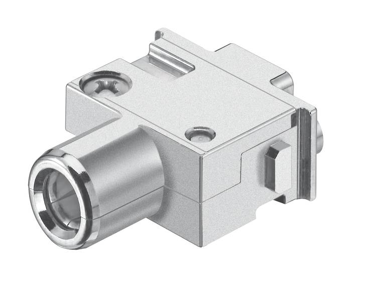 Egy ezüstszínű koaxiális adapter négyszögletes házban, kerek csatlakozóval, elektronikai eszközök kábelkapcsolataihoz alkalmas.