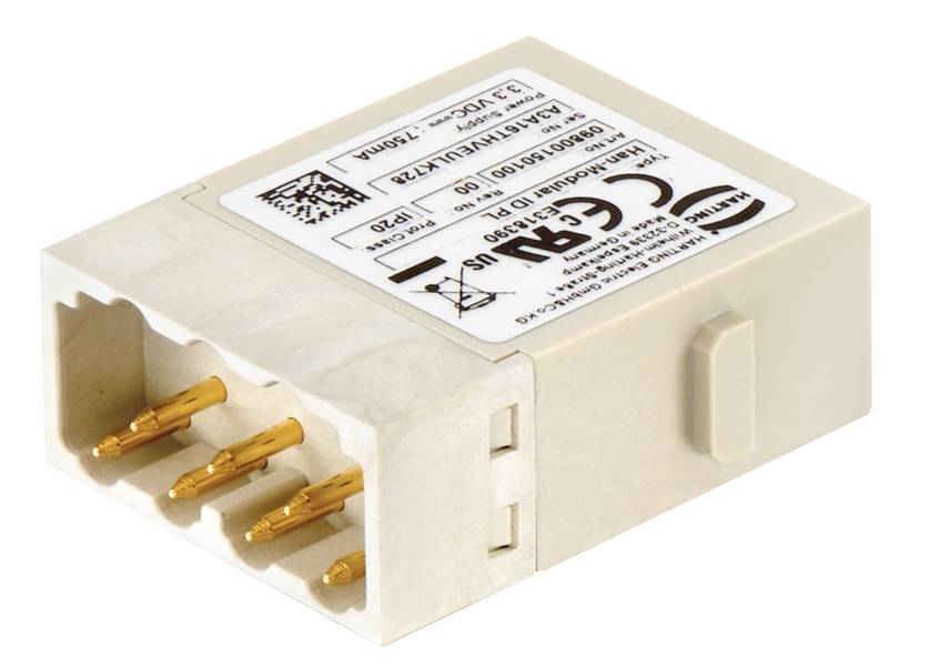 Egy négyszögletes elektronikai csatlakozó több aranyozott érintkezővel. A tetején lévő címke műszaki specifikációkat tartalmaz.