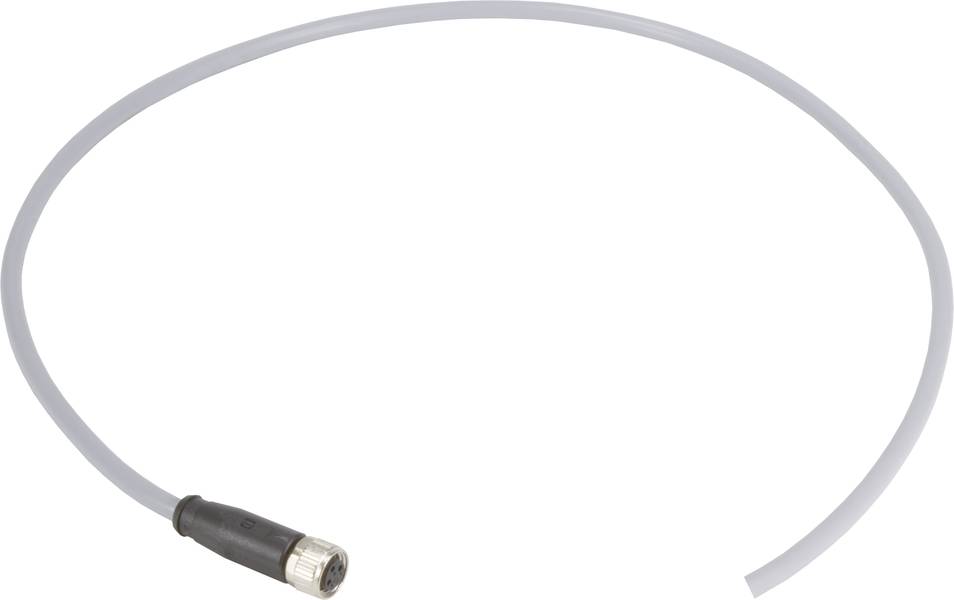 Egy szürke kábel egy csatlakozóval az egyik végén, fehér háttér előtt. A kábel egy laza kört formáz.