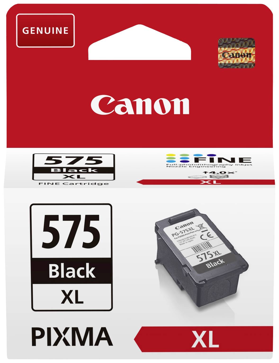 Canon PIXMA 575 Black XL patron, csomagolási dizájnban ábrázolva. Felül a 'Canon' logó, alul a terméknév, a tintapatron látható.