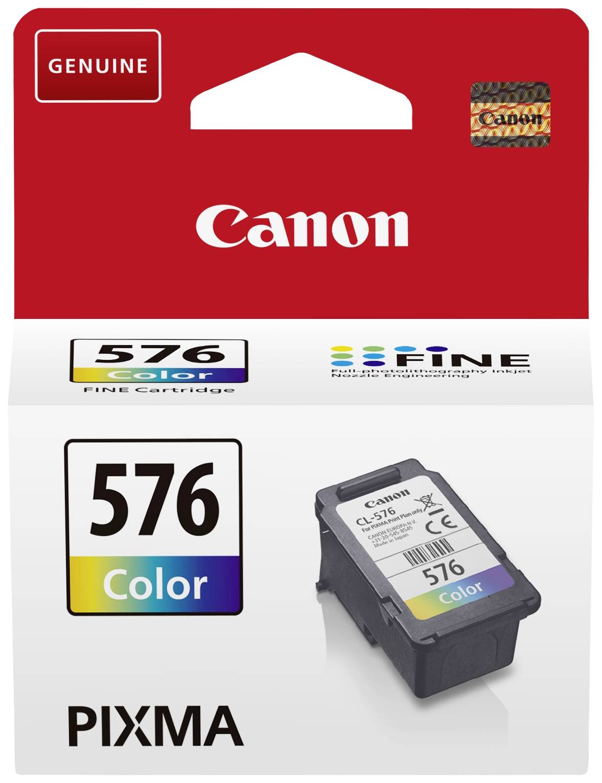 Canon PIXMA színes tintapatron 576, eredeti csomagolásban, a patron látható színkódolással és a 'Gyári' felirattal balra fent.