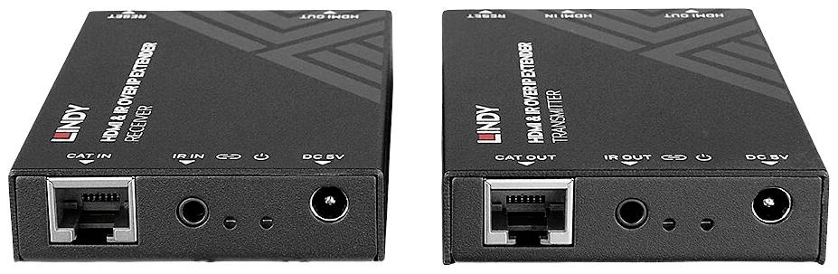 Két fekete HDMI- és tápegység-hosszabbító eszköz Lindy márkától, Ethernet, IR és DC-5V csatlakozókkal.