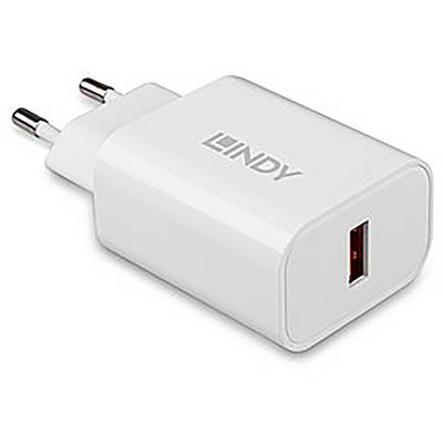 Fehér USB-töltő európai csatlakozóval és 'LINDY' felirattal. Alkalmas eszközök USB-csatlakozón keresztüli töltésére.