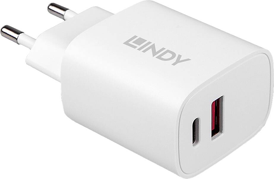 Egy fehér USB-hálózati töltőadapter EU-s csatlakozóval és két USB-porttal, amelyek közül az egyik pirossal megjelölt. A 'LINDY' márkanév rá van nyomtatva.
