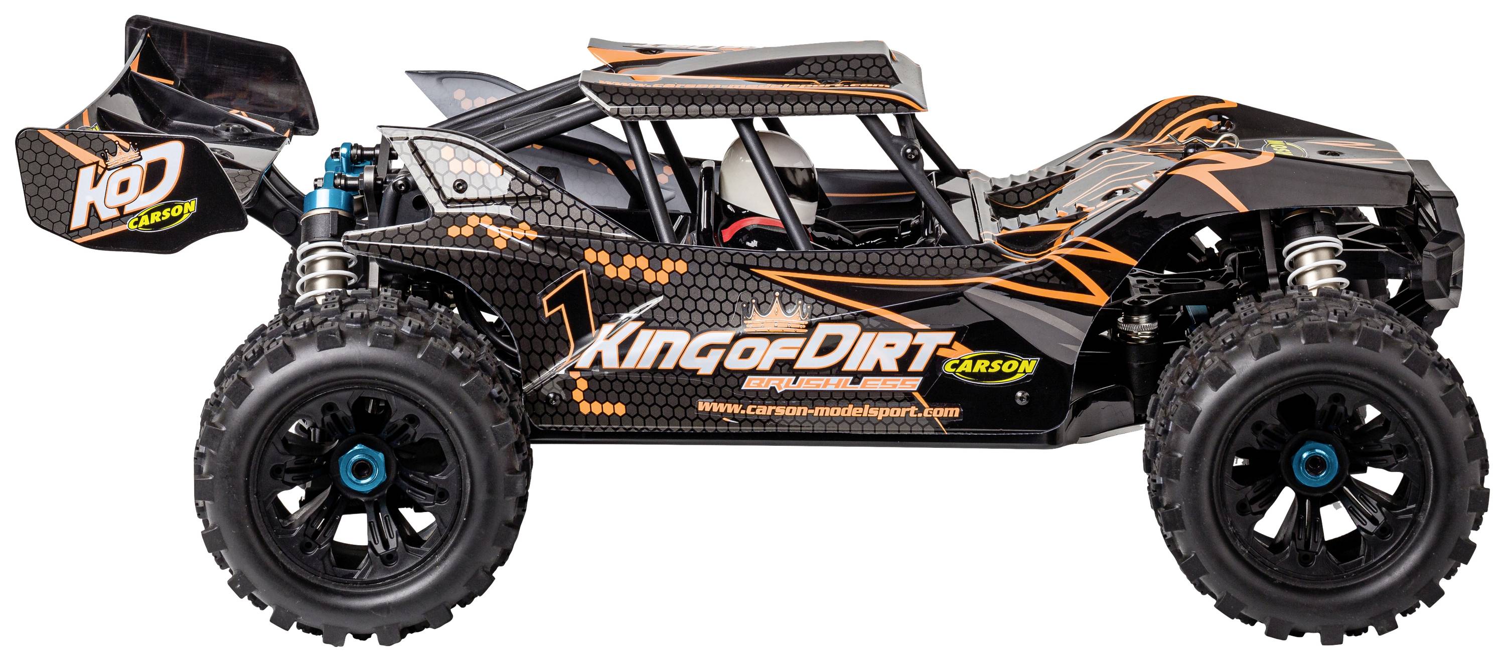 RC-Buggy fekete-narancs színben, "King of Dirt" felirattal, XXL méretű kerekekkel és robusztus kialakítással terepjáró versenyekhez.