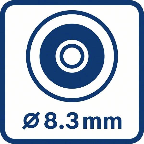 'Ø 8,3 mm' egy kék színű, két koncentrikus kört tartalmazó szimbólum alatt szerepel, amely hasonlít egy fúróhoz vagy fúvóka méretéhez.