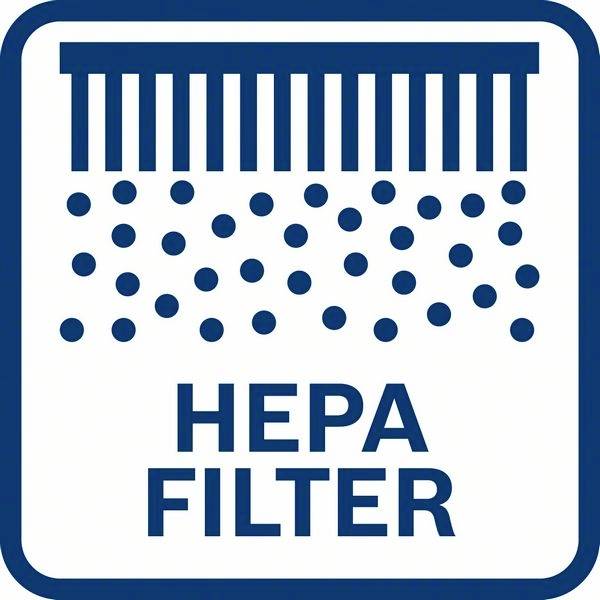 HEPA Szűrő szimbólum, amely levegőtisztítást mutat, ahol apró részecskék szűrődnek át egy szűrőn. Szöveg: 'HEPA SZŰRŐ'.