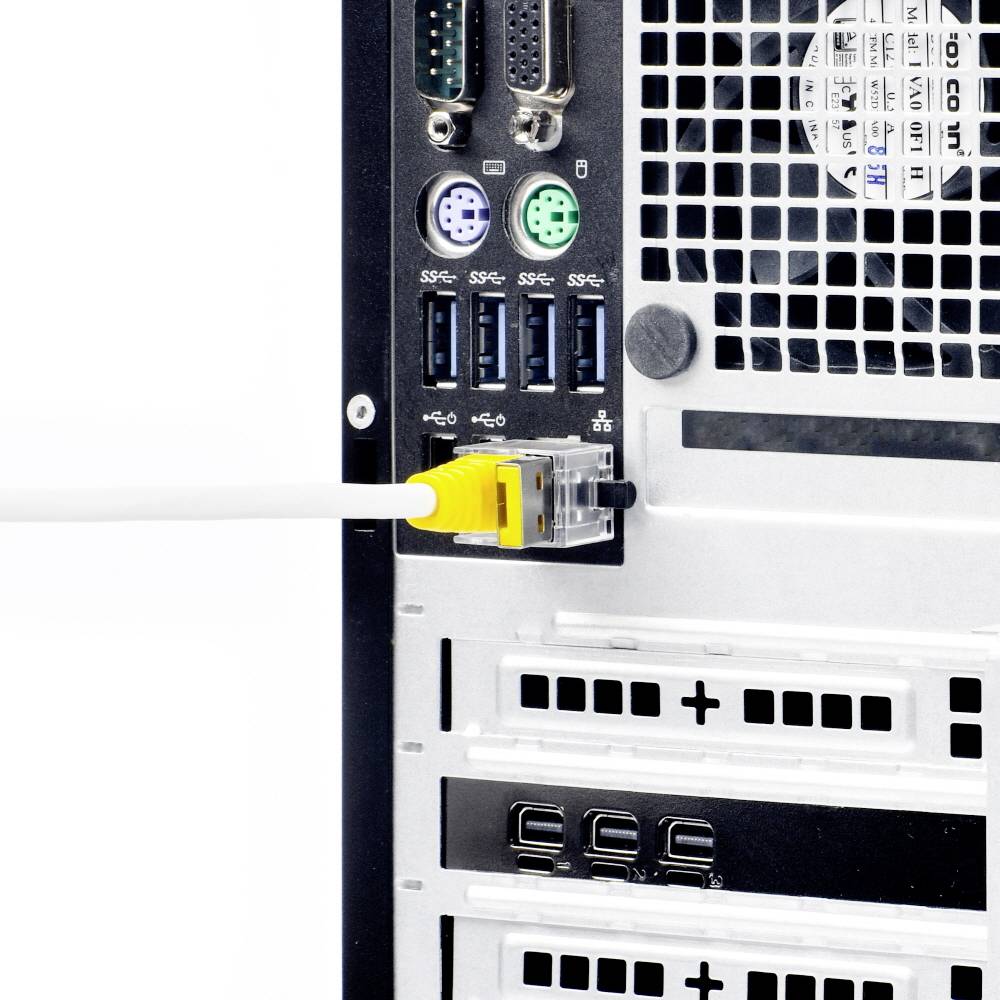 A számítógép hátoldala különböző csatlakozókat mutat. Egy sárga Ethernet-kábel van bedugva. Négy USB-port látható.