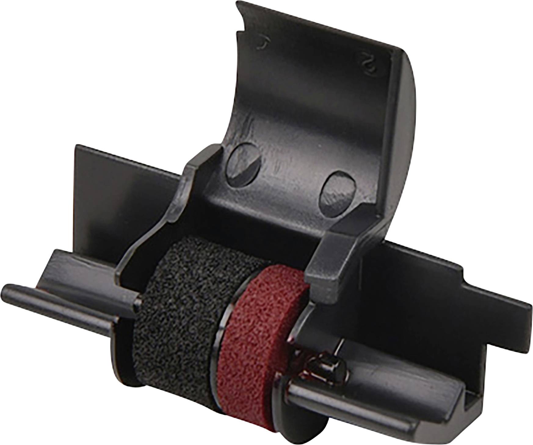 Fekete műanyag alkatrész piros-fekete habhengerrel, valószínűleg nyomtató vagy irodai gép tartalék alkatrésze.