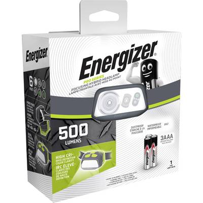 'Energizer Pro Series' fejlámpa csomag, amely bemutatja a lámpát, a mellékelt két darab AAA elemet, és kiemeli a főbb jellemzőket: 500 lumen, por ellen védett, vízálló IP67.