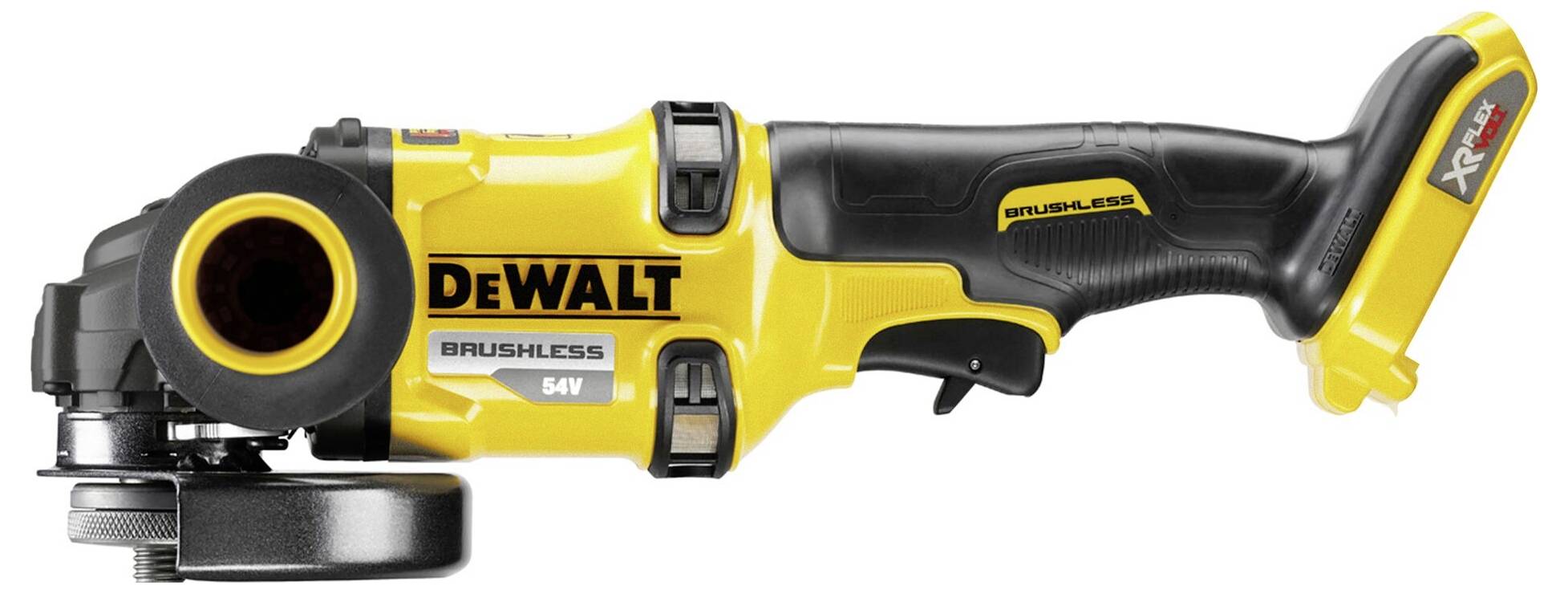 Sárga és fekete akkumulátoros sarokcsiszoló 'DEWALT Brushless 54V' felirattal, ergonomikus kialakítással, csatlakoztatott tartozékok nélkül.
