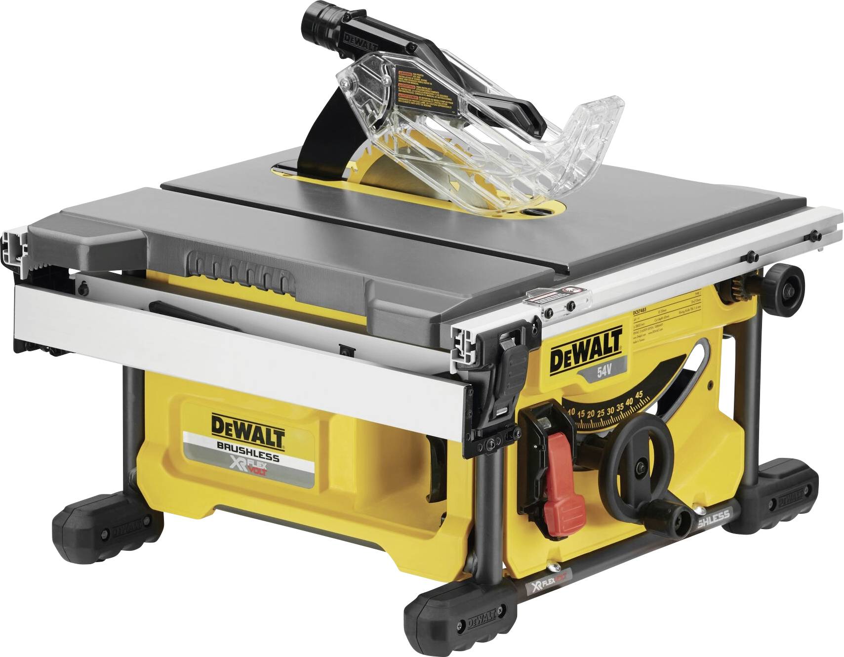 Egy sárga és fekete DEWALT márkájú asztali körfűrész, átlátszó fűrészlapvédővel és precíziós beállítási mechanizmusokkal ábrázolva.