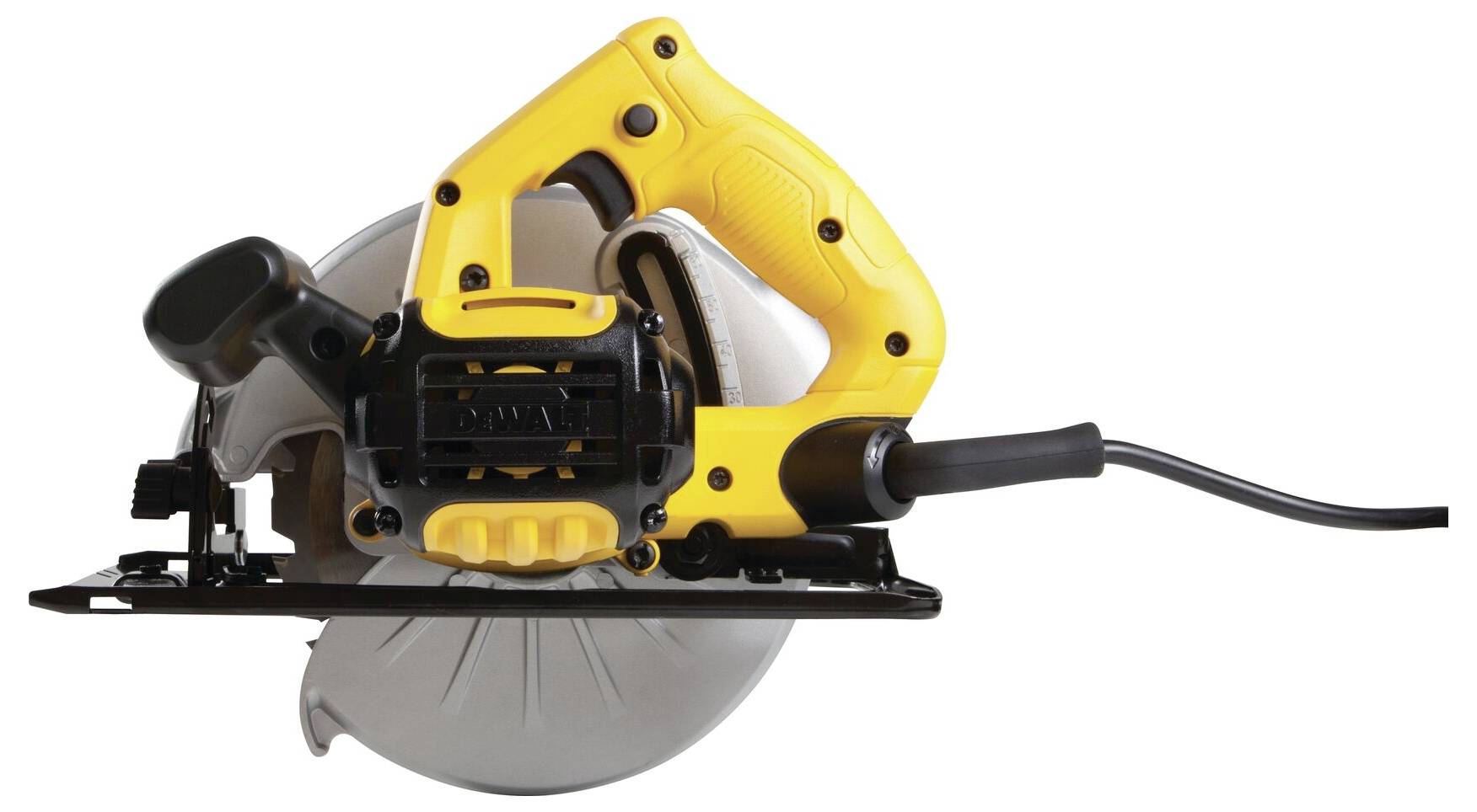 Sárga és fekete körfűrész oldalsó fogantyúval, alkalmas építkezési vagy barkácsmunkákhoz.