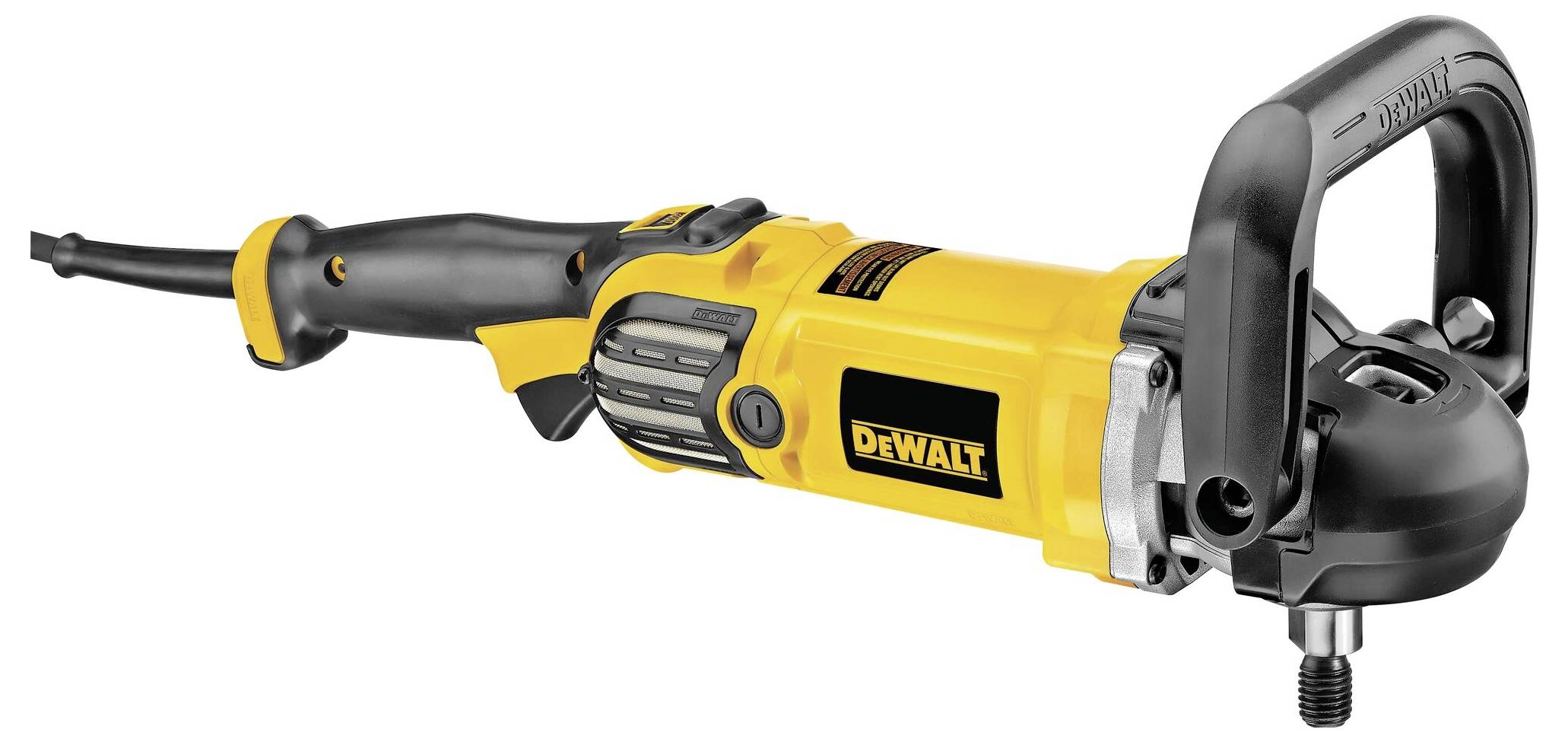 A DeWalt elektromos csiszológép sárga házburkolattal és ergonomikus markolattal, professzionális csiszolási munkákhoz tervezve.