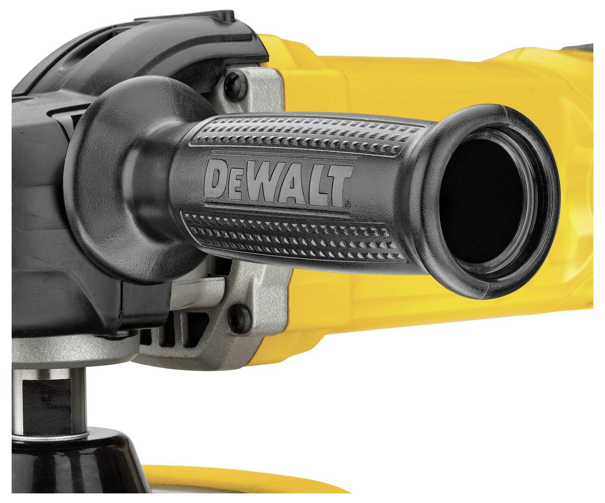 Egy sárga elektromos szerszámfogantyú 'DEWALT' felirattal, erős felépítést mutat. Fő jellemzője az ergonomikus kialakítás, amely jobb fogást biztosít.