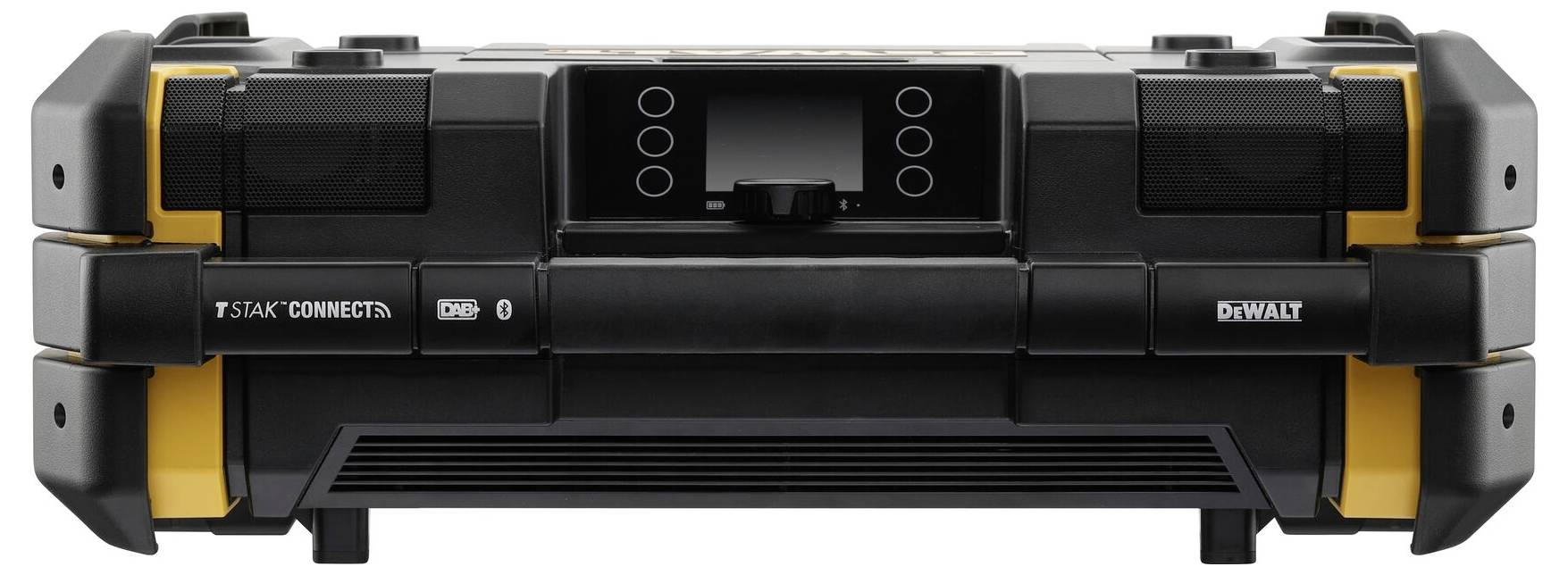 Egy hordozható, erős kivitelű rádió fekete és sárga színben, több csatlakozási lehetőséggel, amely alkalmas építési területeken történő használatra.