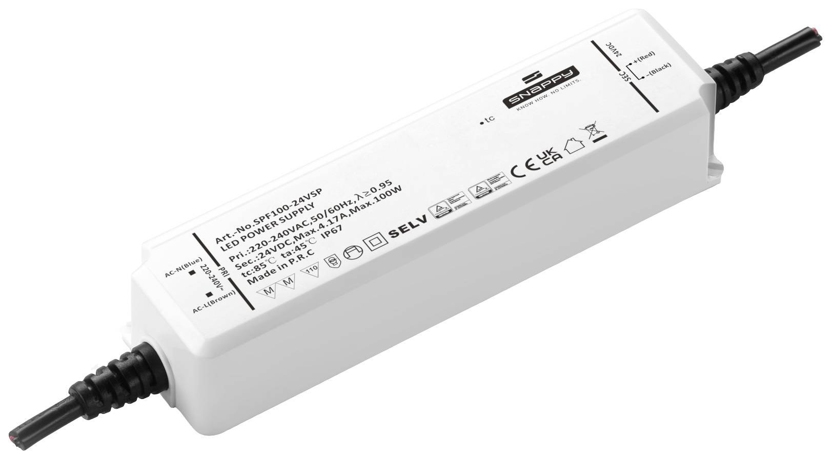 Egy fehér elektromos eszköz kábelekkel mindkét végén. Felirata: 'MEAN WELL', 'LRS-75-24', műszaki specifikációkkal és ellenőrzési szimbólumokkal.