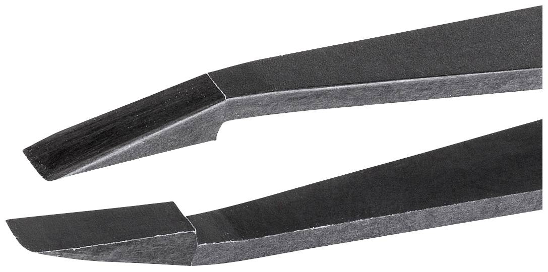 Egy fekete laposfogó ferde hegyekkel, amely alkalmas precíziós fogási és tartási munkákhoz elektronikai vagy finommechanikai alkalmazásoknál.