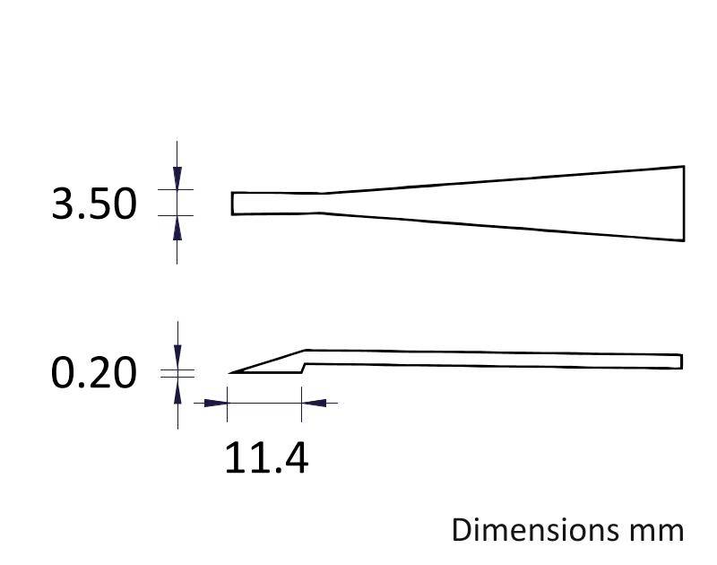 Műszaki rajz egyékről méretekkel: szélesség felül 3,50 mm, szélesség alul 0,20 mm, hosszúság 11,4 mm. Szöveg: 'Méretek mm'.