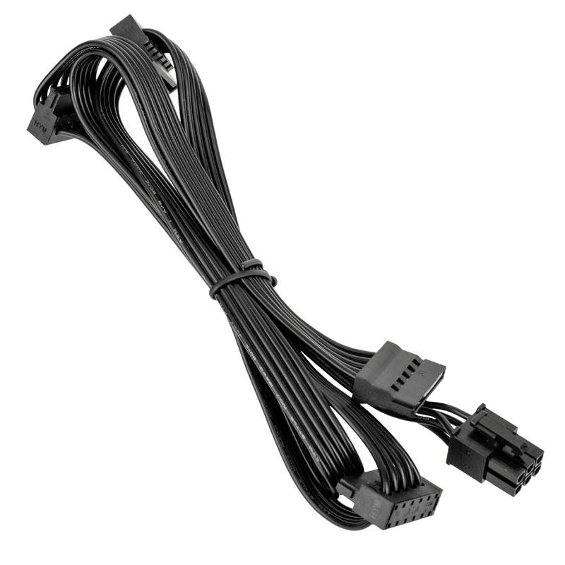 Egy fekete, sok eres számítógépes kábel több csatlakozóval, amely alkalmas számítógépes komponensek csatlakoztatására.