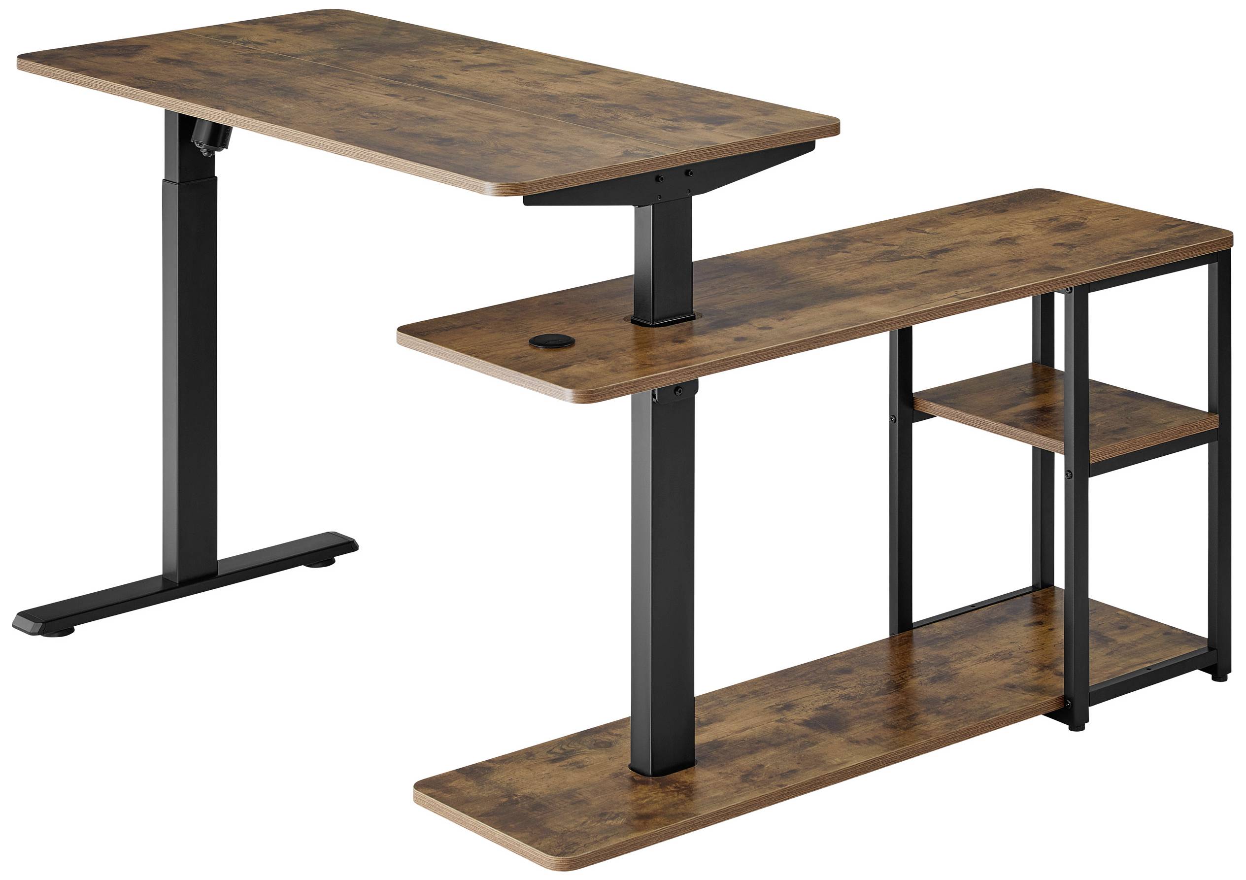 Két magasságállítható fa íróasztal fekete kerettel. Az egyik kiegészítő polcokkal rendelkezik és lebegni látszik a padló felett.