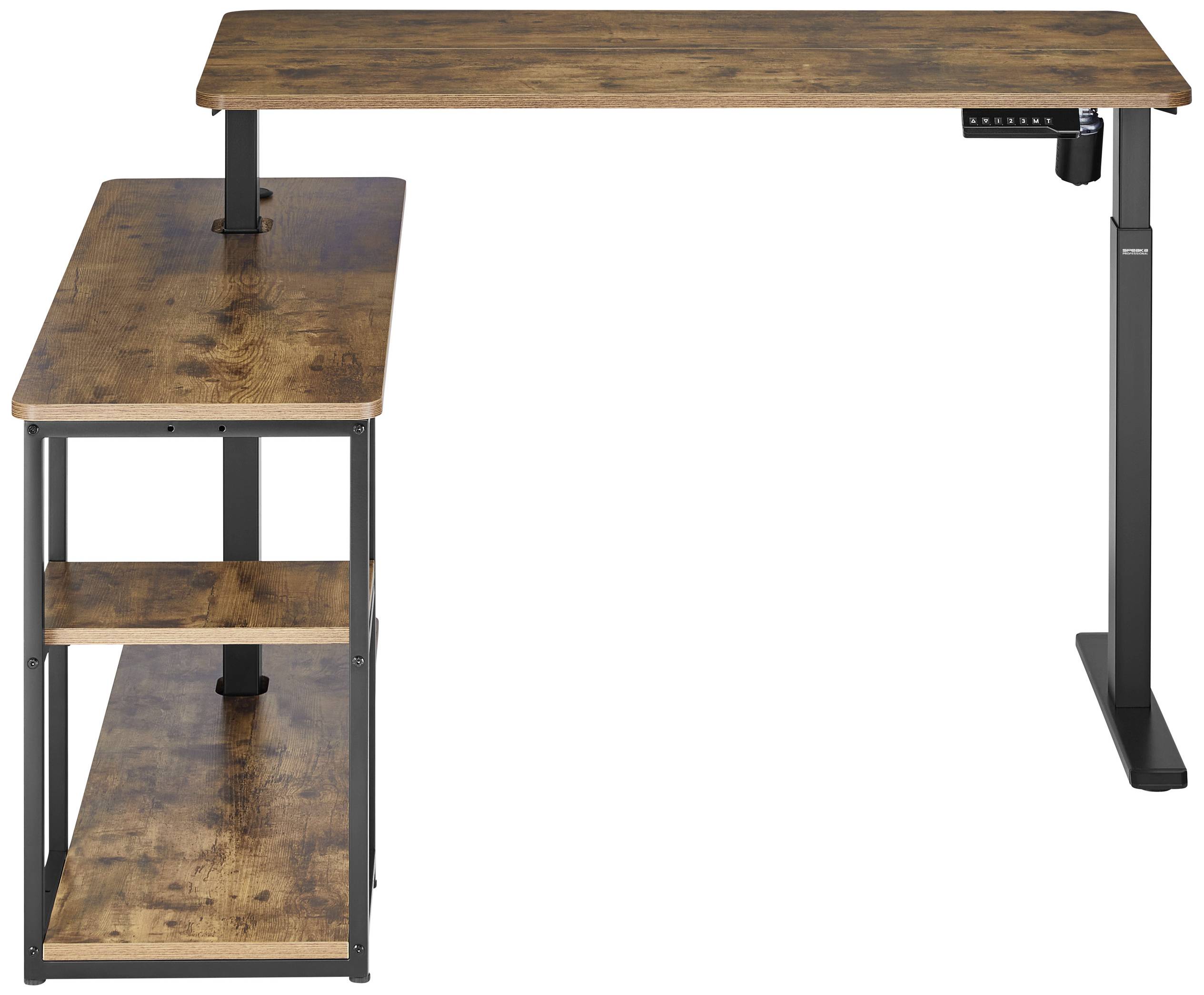 Sarokíróasztal rusztikus fa felülettel, magasságállítható, beépített polccal a bal oldalán a további tárolási lehetőség érdekében.