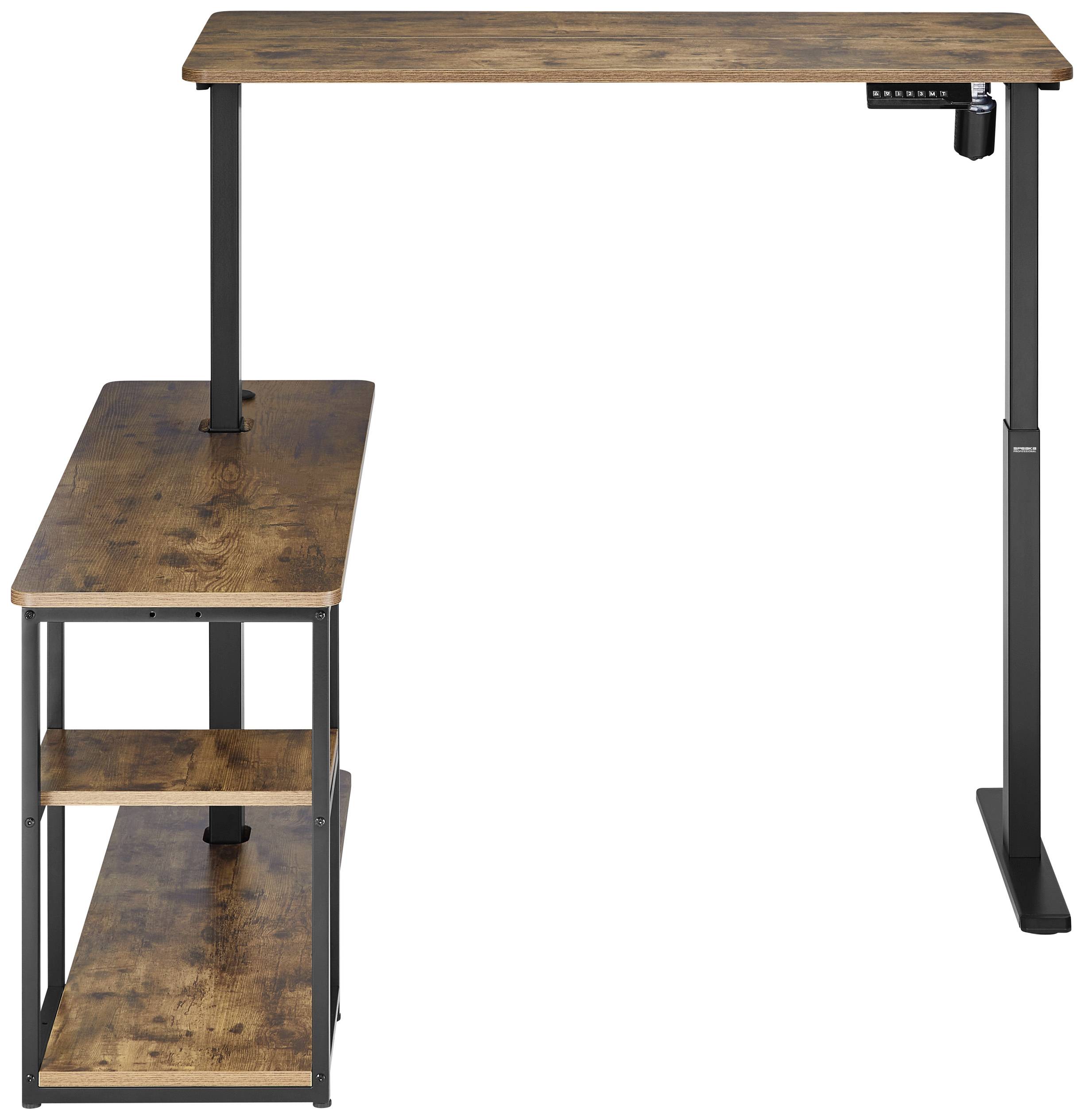 Magasságállítható fa íróasztal beépített polccal és fekete fém vázzal, kiváló választás az ergonomikus irodai munkavégzéshez.