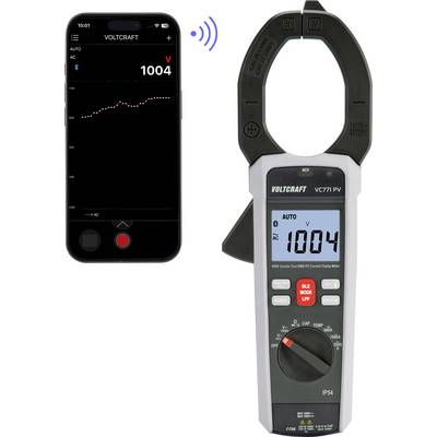 Okostelefon alkalmazás és Voltcraft lakatfogó mérőműszer is 1004 AC-feszültség-leolvasást jelenít meg, vezeték nélküli Bluetooth-kapcsolaton keresztül csatlakoztatva.