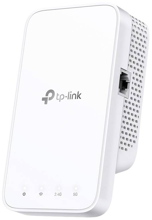 TP-Link márka WLAN-ismétlő Ethernet-csatlakozóval és 2,4G és 5G kapcsolatokat jelző LED-ekkel. A készülék álló helyzetben van.