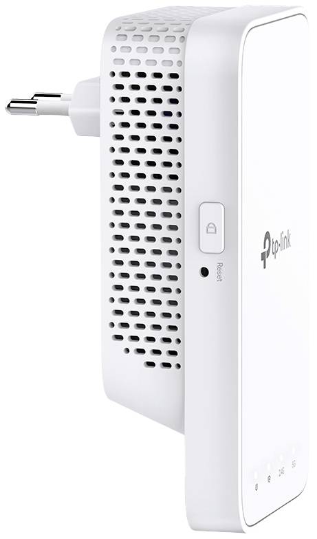 TP-Link WLAN-ismétlő fehér színben, hálózati csatlakozóval. Oldalnézet mutatja a szellőzőnyílásokat és a be-/kikapcsoló, valamint WPS gombot.