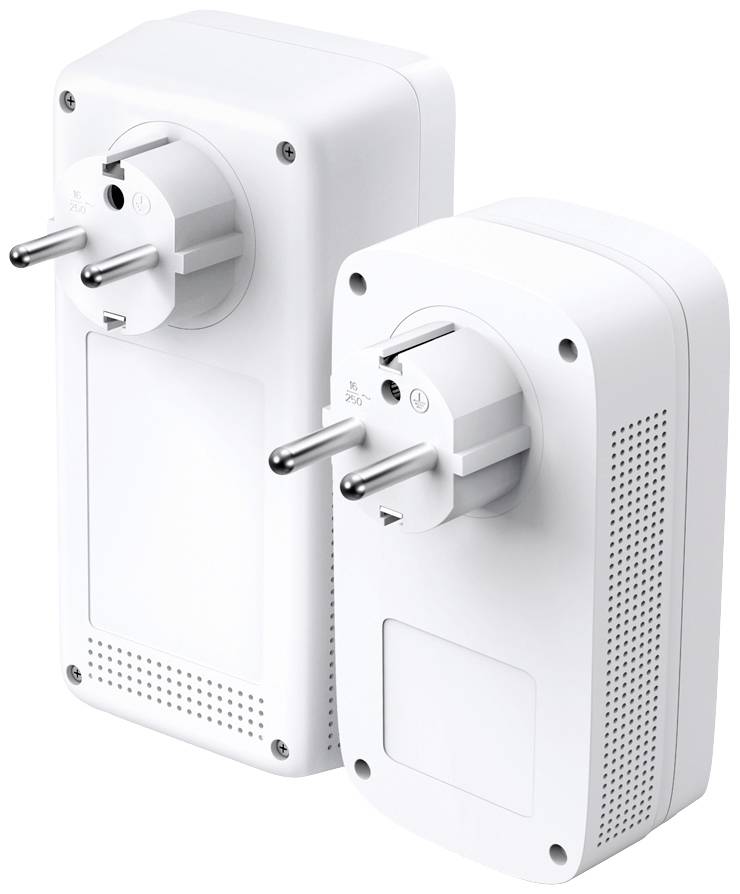 Két fehér WLAN-dugaszolóaljzat-adapter egymás mellett. A baloldali kissé nagyobb. Mindkettő európai csatlakozóaljzatokhoz alkalmas.