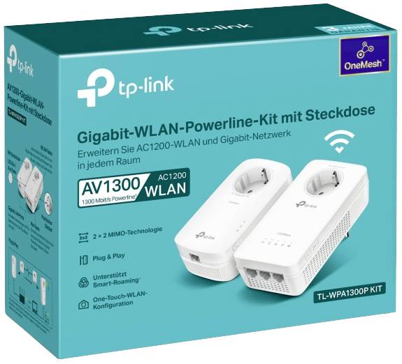 Egy zöld termékcsomagolás látható, amely a TP-Link Gigabit WLAN Powerline készletet mutatja két fehér adapterrel; támogatja az AV1300 WLAN-t.