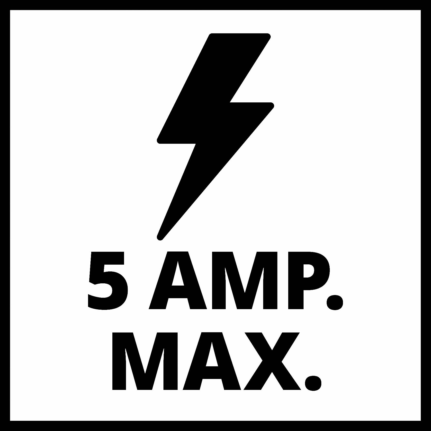 'Villámjel a szöveg felett: 5 AMP. MAX.' jelzi a maximális 5 amperes áramerősséget.