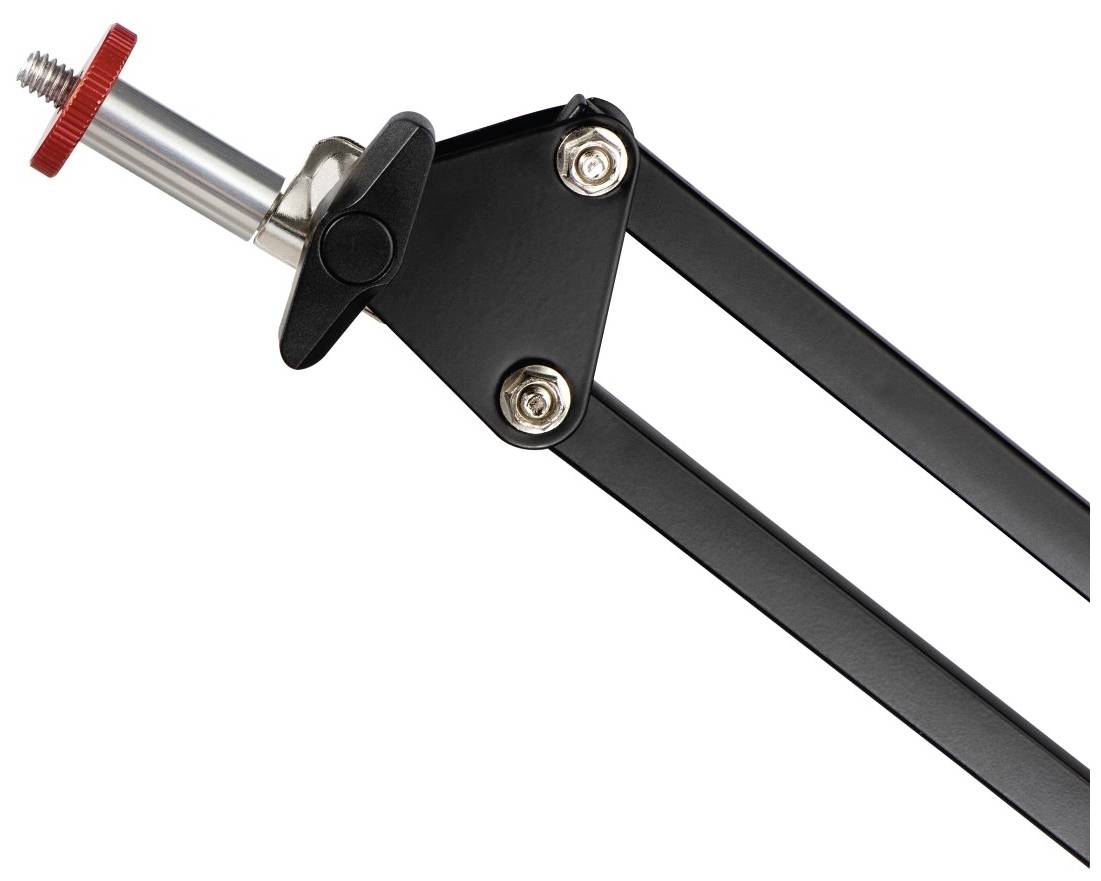 Egy fekete, állítható mikrofonkar ezüstös csuklóval és piros rögzítőcsavarral.