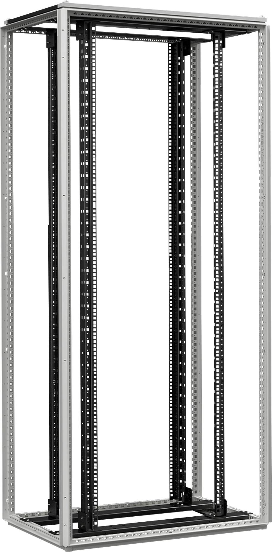 Egy szerverállvány fémkerete telepítetlen eszközökkel. Alkalmas hálózati komponensek beépítésére egy adatközpontban.