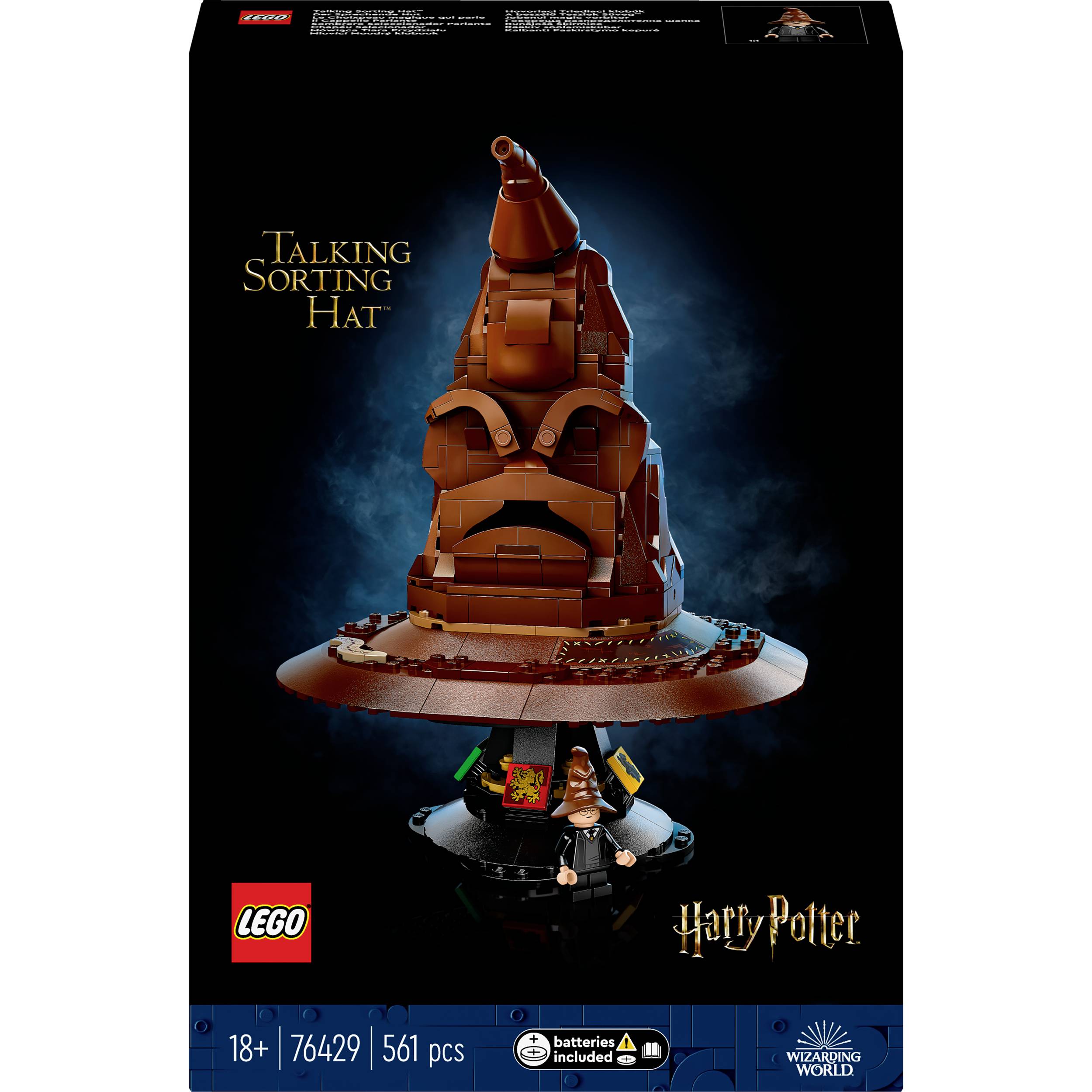 Harry Potter varázslatos kalap LEGO doboz, 18+ éves kortól, 561 darabos készlet. LEGO logóval és biztonsági figyelmeztetésekkel ellátva.